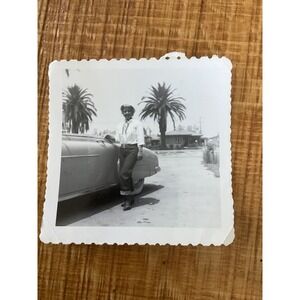Vintage 1950s Snapshot Woman Classic Car Scalloped Edge Photo B&W Americana